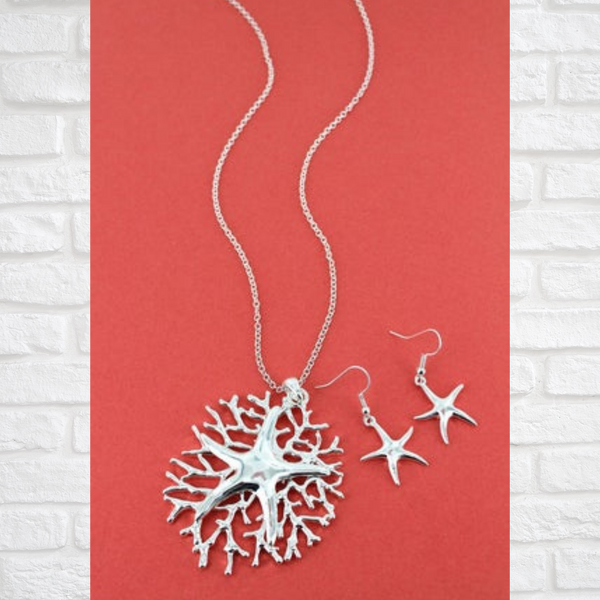 Silvertone Starfish On Coral Pendant (Necklace & Earring) Set