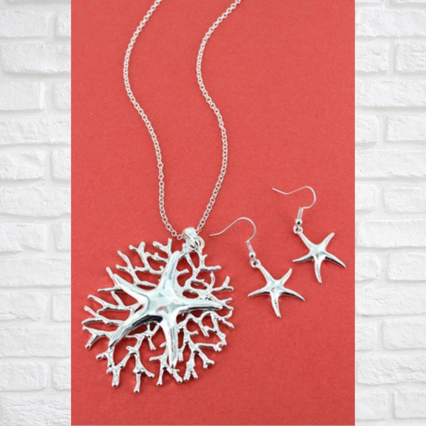 Silvertone Starfish On Coral Pendant (Necklace & Earring) Set