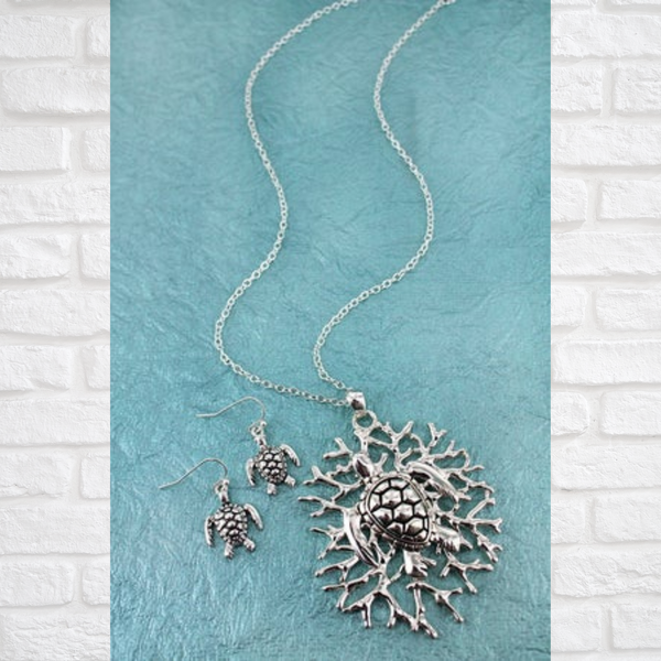 Silvertone Turtle On Coral Pendant (Necklace & Earring) Set