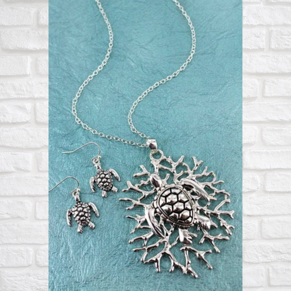 Silvertone Turtle On Coral Pendant (Necklace & Earring) Set