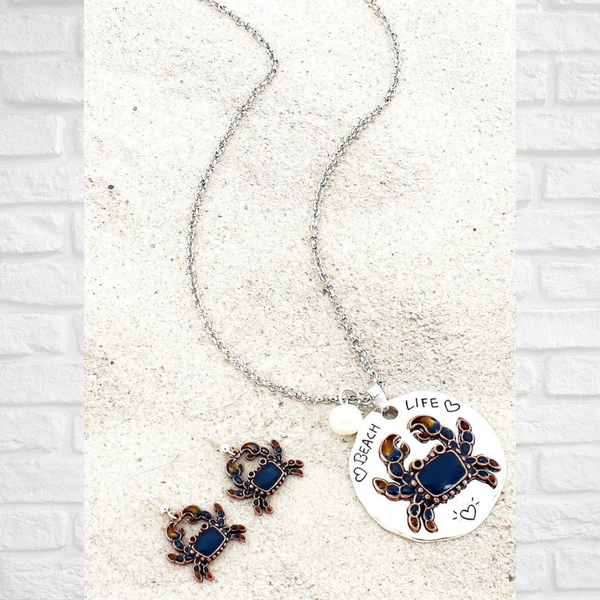 Blue Crab 'Beach Life' Pendant (Necklace & Earring) Set