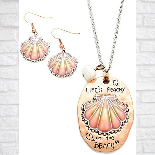 Peach Seashell 'Life's Peachy At The Beach' Pendant (Necklace & Earrings) Set