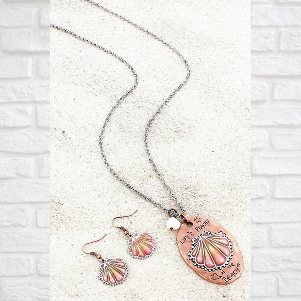 Peach Seashell 'Life's Peachy At The Beach' Pendant (Necklace & Earrings) Set