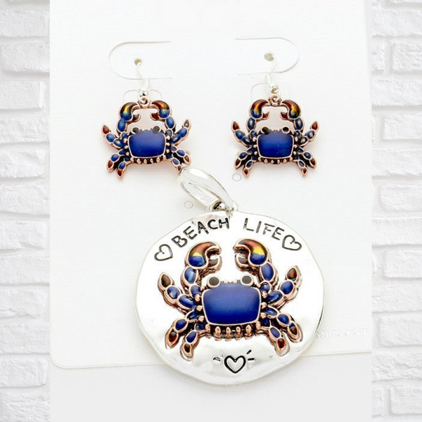 Blue Crab 'Beach Life' Pendant (Necklace & Earring) Set