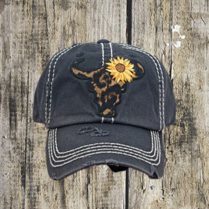 Distressed Black Leopard Steer With Sunflower Cap