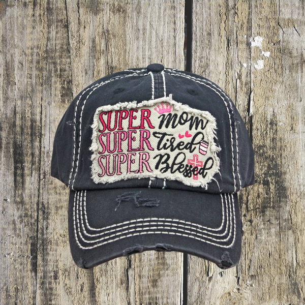 Distressed Black 'Super Mom Super Tired Super Blessed' Cap