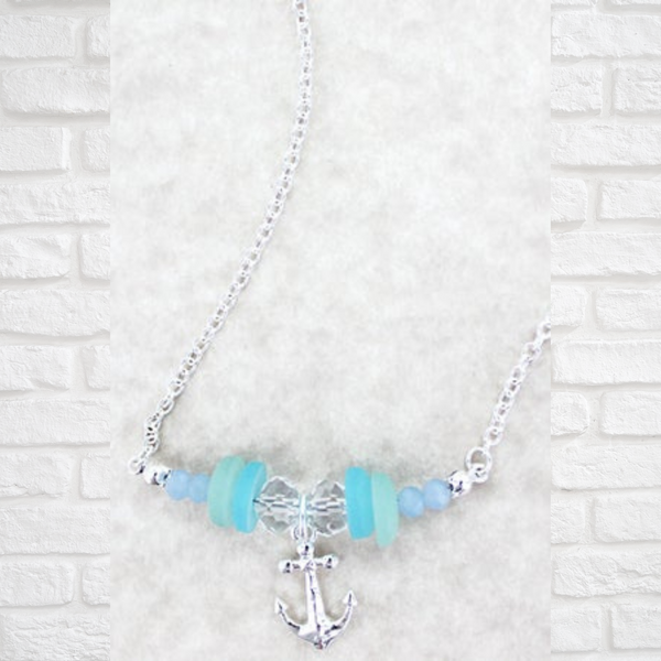 Caribbean Blue Sea Glass Anchor Necklace